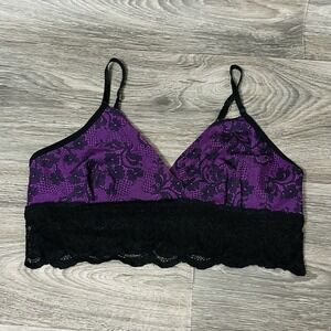 Commando Triangle Bralette Sz M Black Lace With Purple Print Comfort Adj Straps